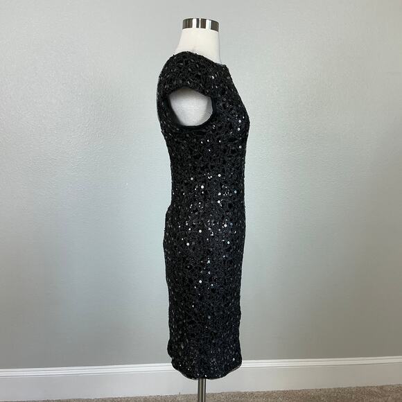 Adrianna Papell Black Sequined Cocktail Dress Size 10P Short Sleeve Mini Sheath - Picture 3 of 14